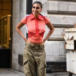 Imaan Hammam is Seen Wearing a Red See Through Shirt Outside the Marc Jacobs Show 15 Photos