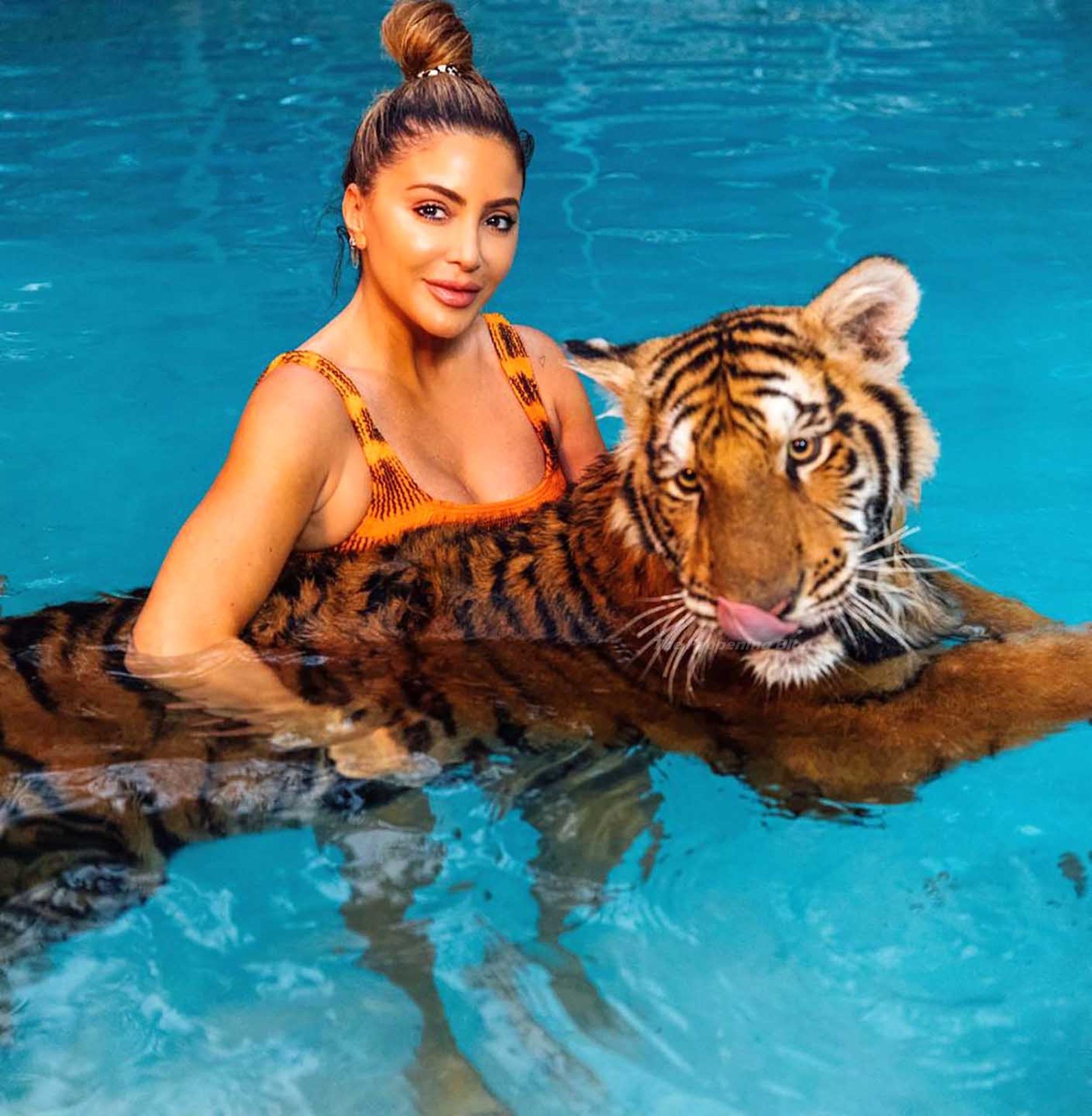 Larsa Pippen Gets Into a Swimming Pool with a Giant Tiger (2 Photos)