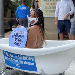 Nearly nude Model Protests in Bathtub on Busy Street 4 Photos