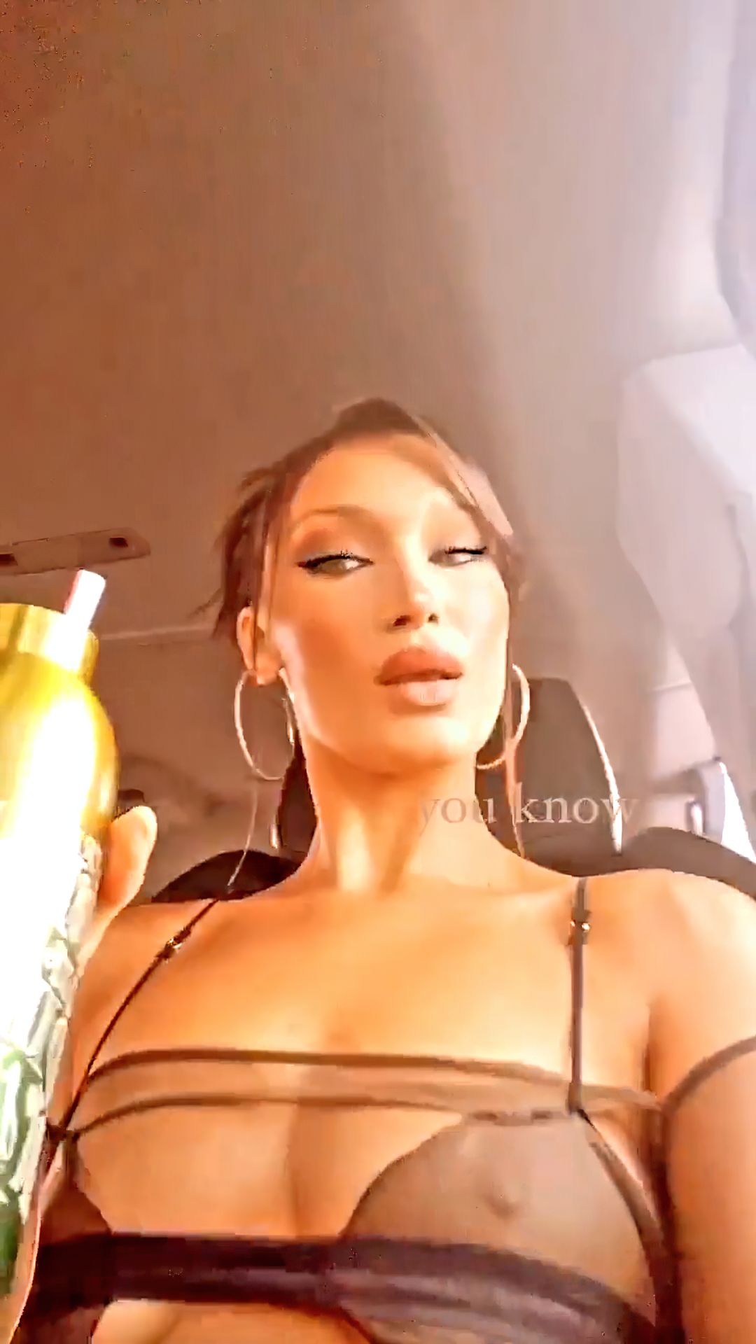 Bella Hadid Shows Off Her Tits in a Car (5 Pics + GIF & Video)