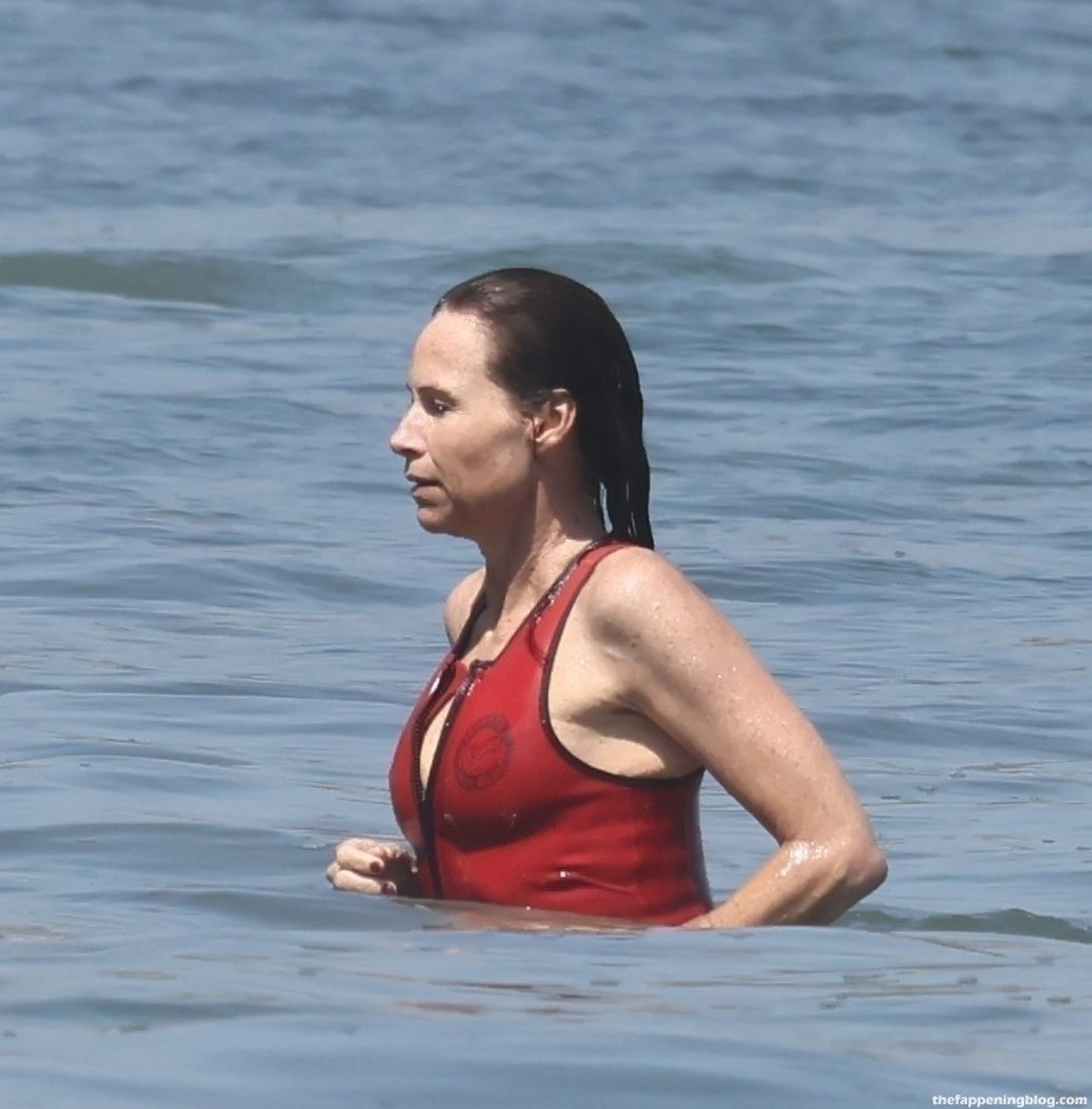 Minnie Driver Wears a Red One-Piece For a Dip in the Ocean on a Hot Day in Malibu (51 Photos)