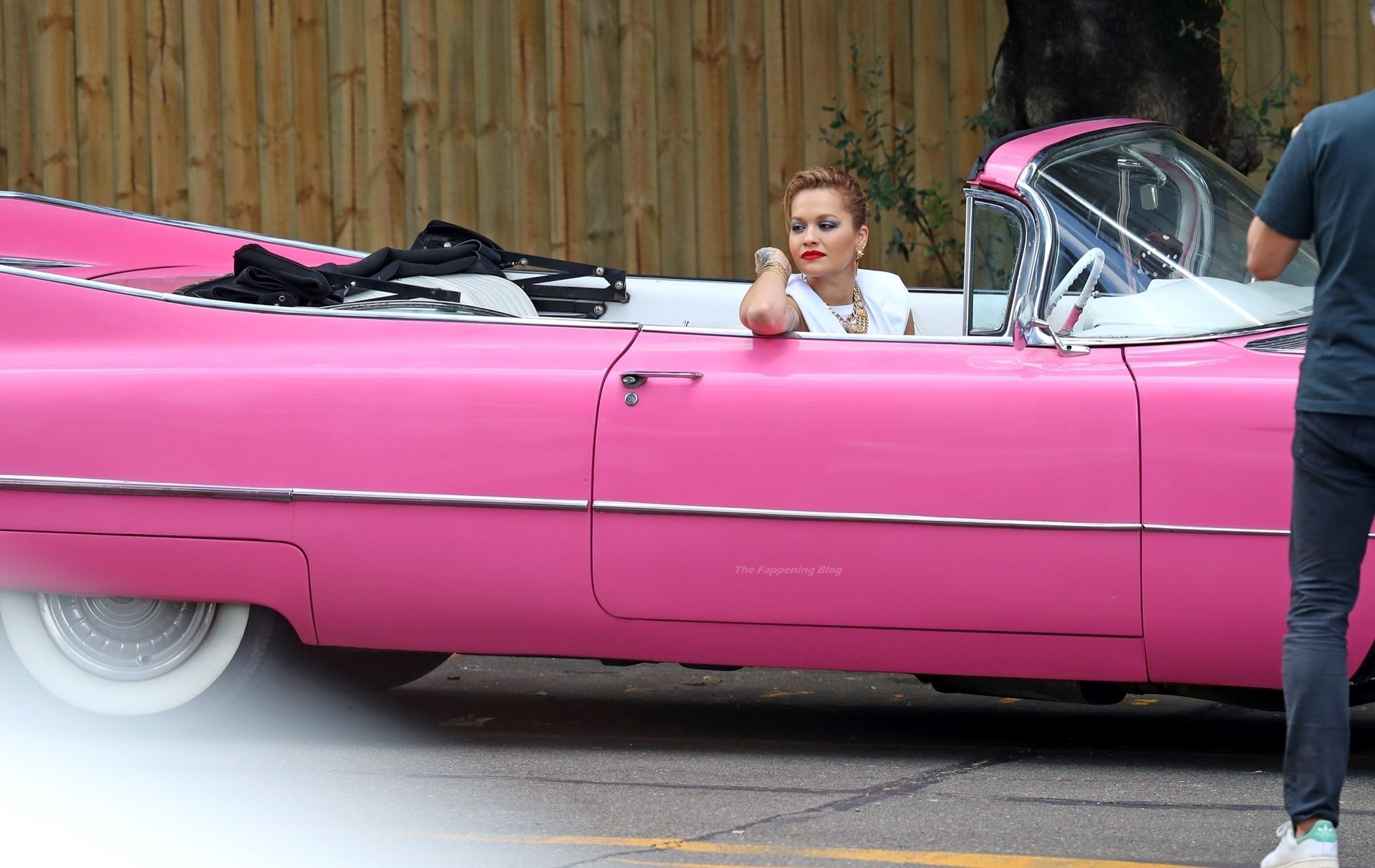 Rita Ora Wears Skin Tight Leather Pants as She Poses in a Bright Pink Vintage Car (79 Photos)