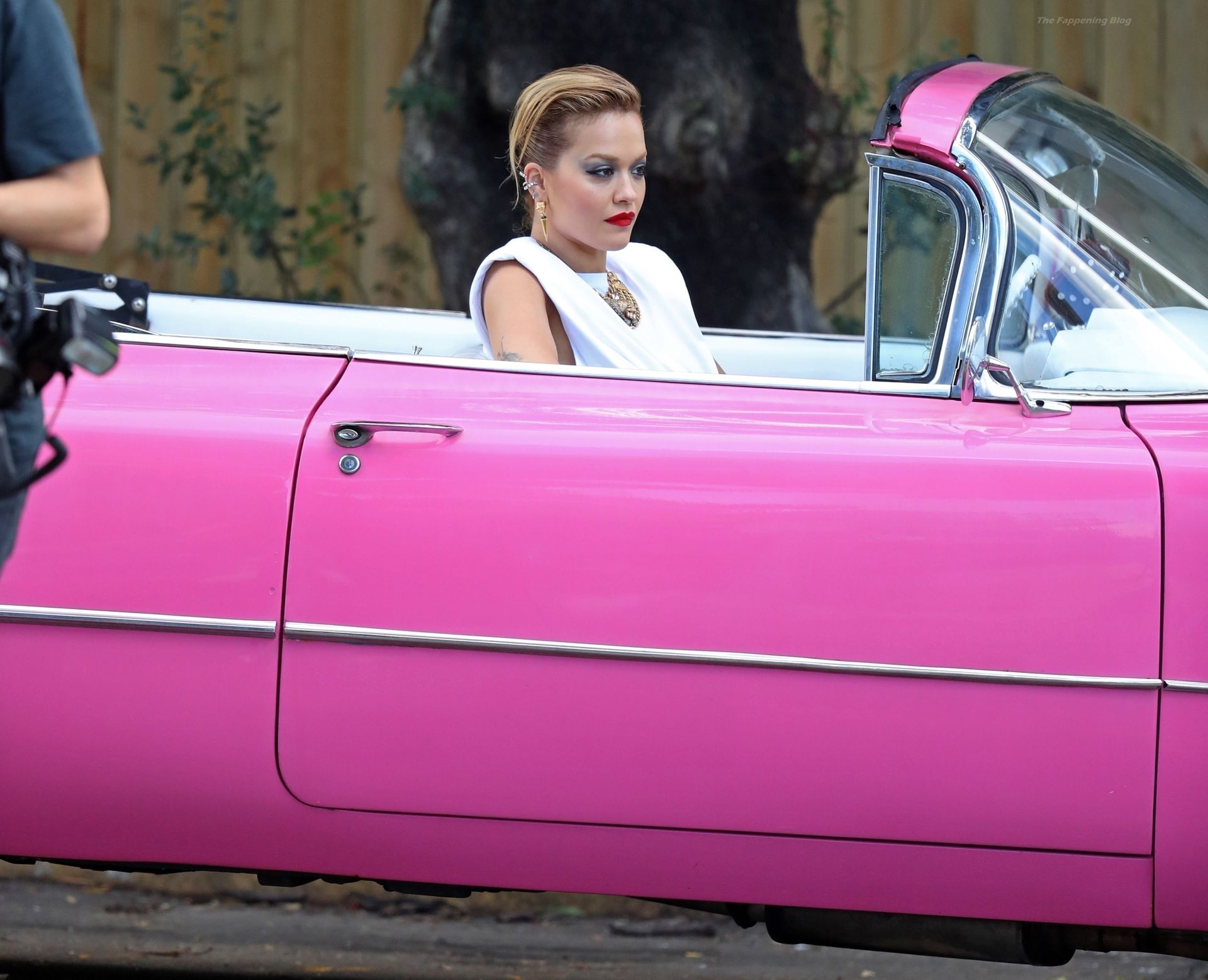 Rita Ora Wears Skin Tight Leather Pants as She Poses in a Bright Pink Vintage Car (79 Photos)