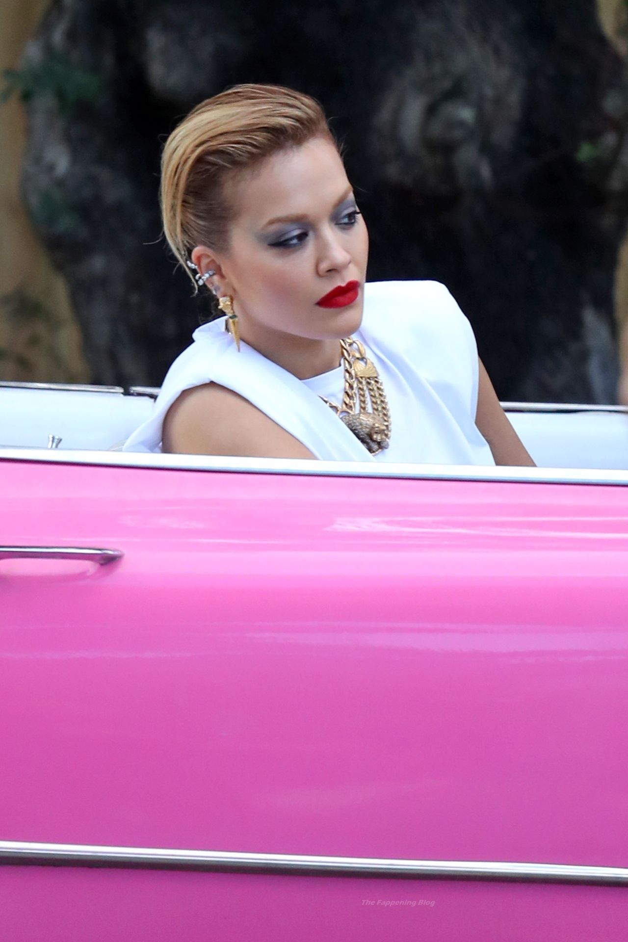 Rita Ora Wears Skin Tight Leather Pants as She Poses in a Bright Pink Vintage Car (79 Photos)