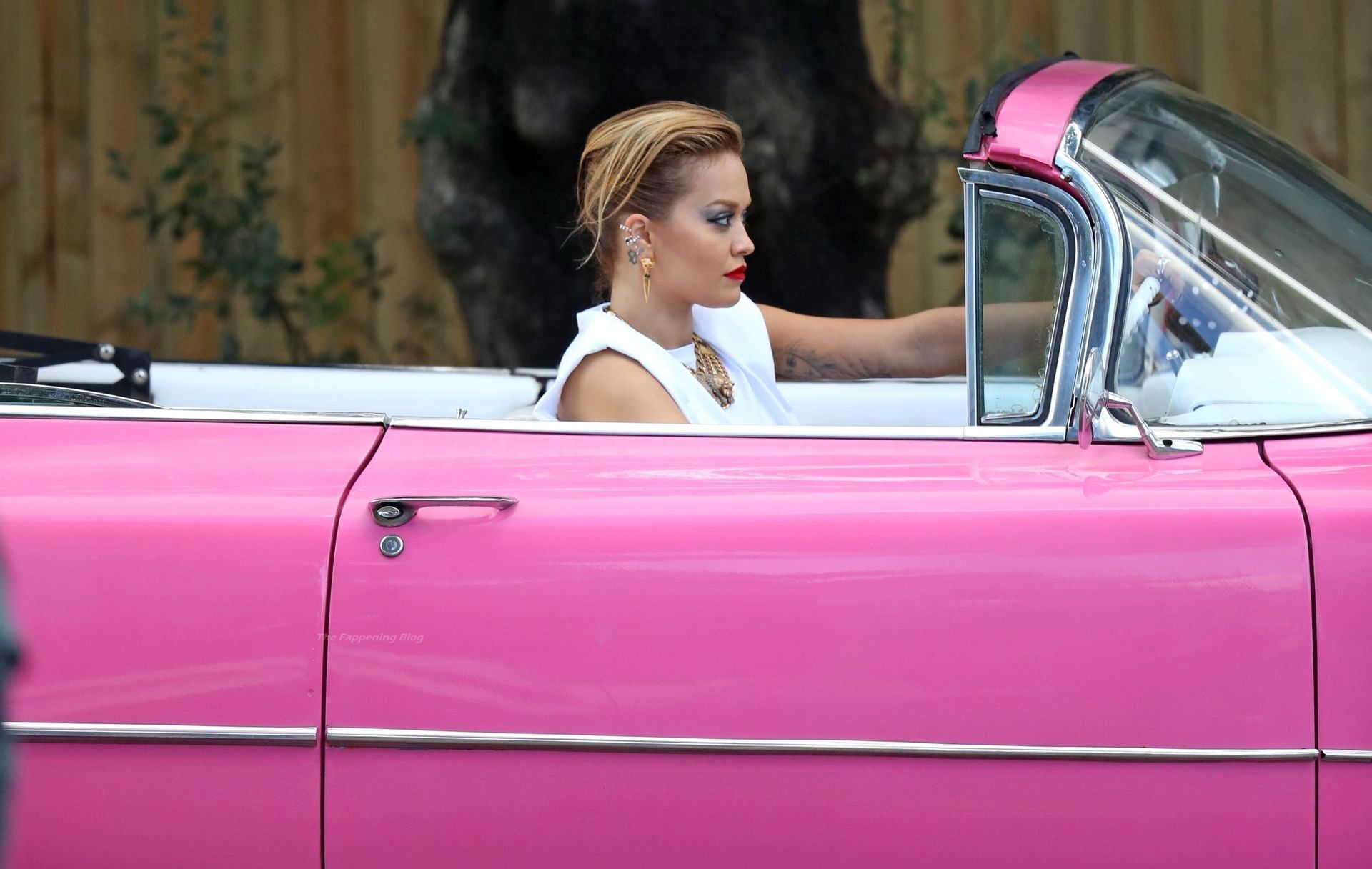 Rita Ora Wears Skin Tight Leather Pants as She Poses in a Bright Pink Vintage Car (79 Photos)