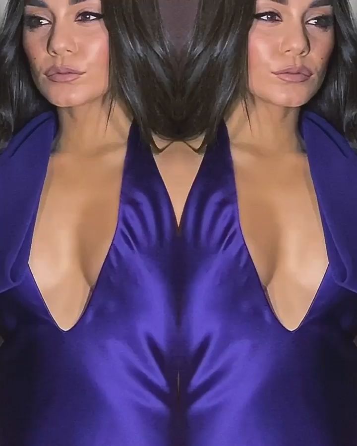 Vanessa Hudgens Looks Hot in a Plunging Purple Dress (8 Pics + GIF & Video)